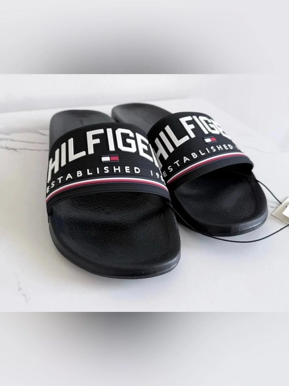Tommy Hilfiger Black Slide Sandals with White Logo and Red-Blue Stripe